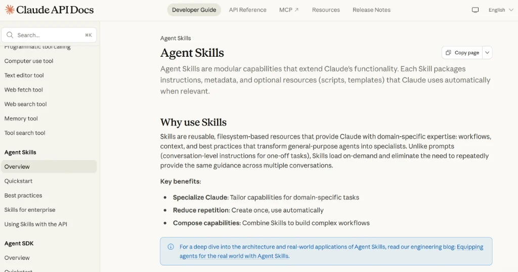 Claude API Docs showing Agent Skills Overview