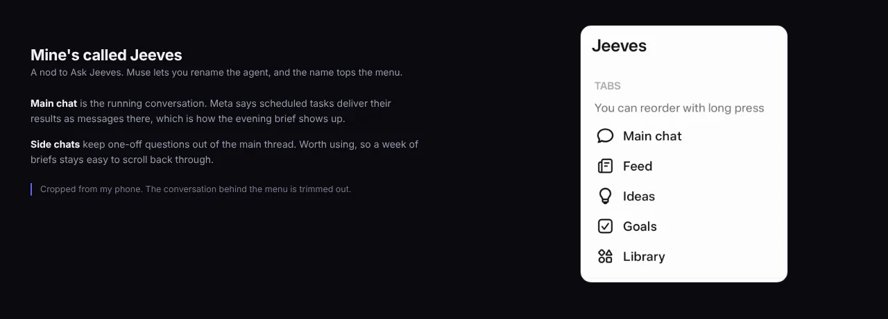 The Muse app menu on Android, with the agent renamed Jeeves