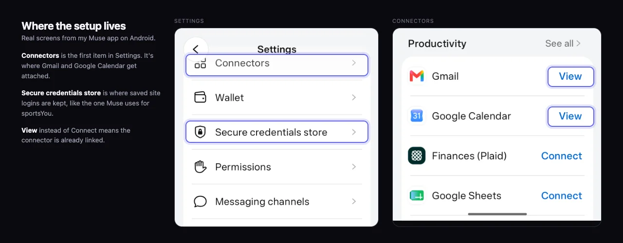 Muse Settings and Connectors screens on Android, with Gmail and Google Calendar connected