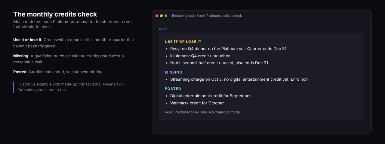 An illustrative monthly Amex Platinum credits report from Muse