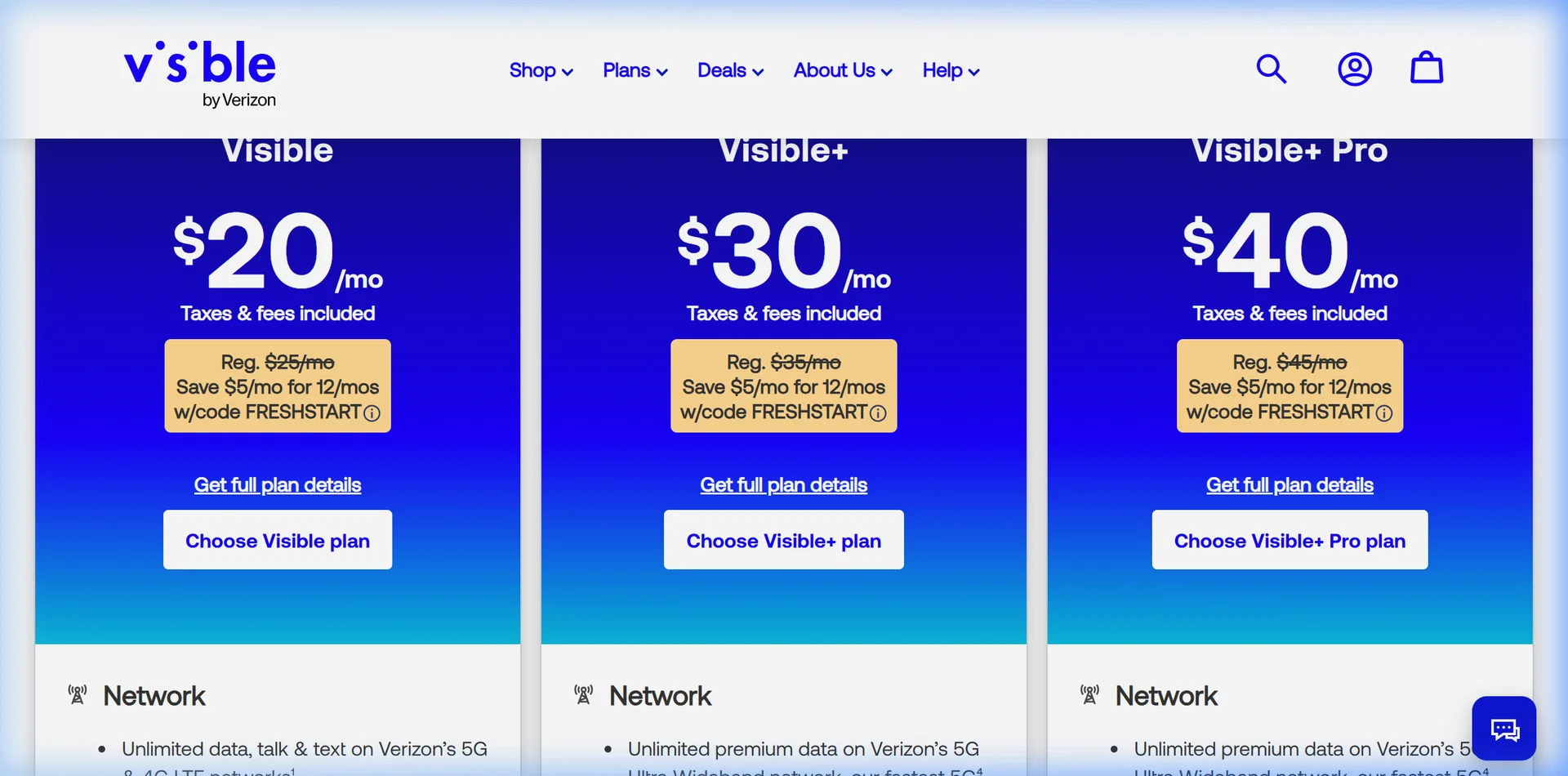Visible's current plan lineup with hotspot speeds for each tier. Visible 2026 plan options and pricing